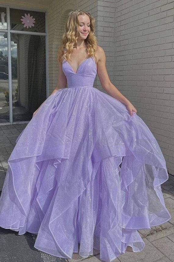 Beautiful Dress Shiny V Neck Fluffy Lavender Long Prom Dress - Etsy
