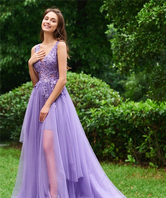 Beautiful A Line Lilac Lace Appliqued Evening Dress V Neck - Etsy Hong Kong