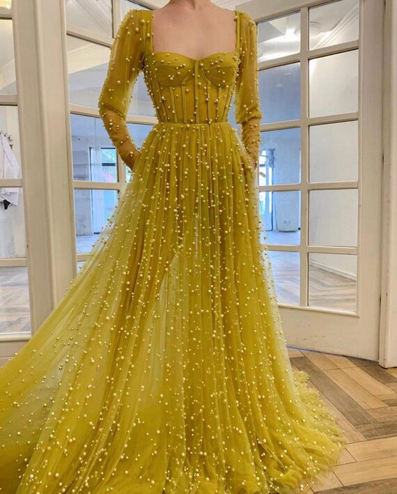 Long Sleeves Yellow Prom Dress 