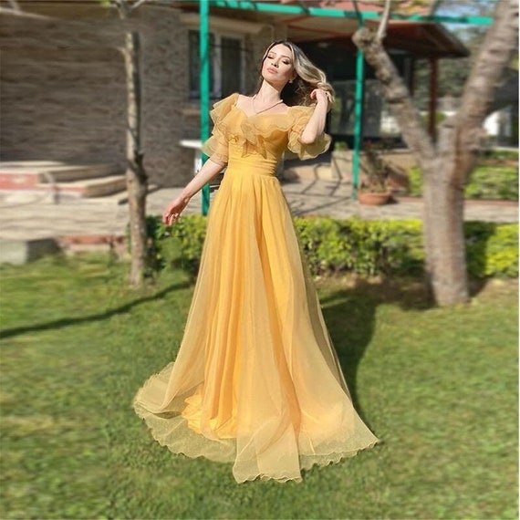 Vintage Yellow Square Neck Tulle Prom Dresses Boho 2022 A Line - Etsy UK