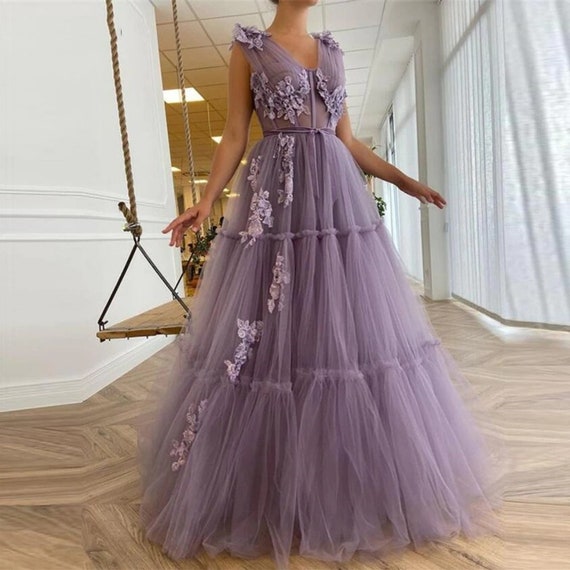 Elegant Lavender Tiered Tulle Long Prom Dresses 2021 A Line - Etsy Hong Kong