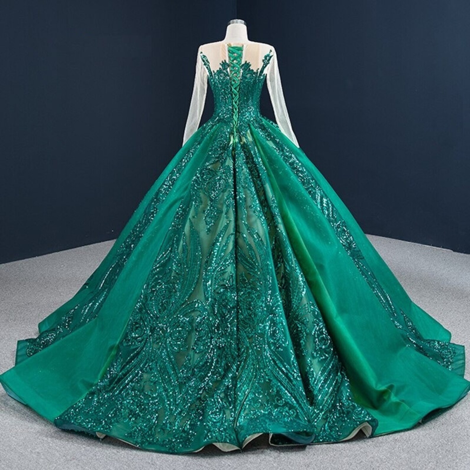 Green Long Sleeve Quinceanera Dresses Satin Sequin Plus Size - Etsy