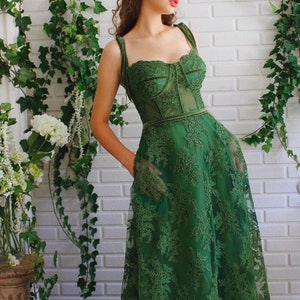 Beautiful Green Evening Dress Lace A-line Spaghetti Strap - Etsy