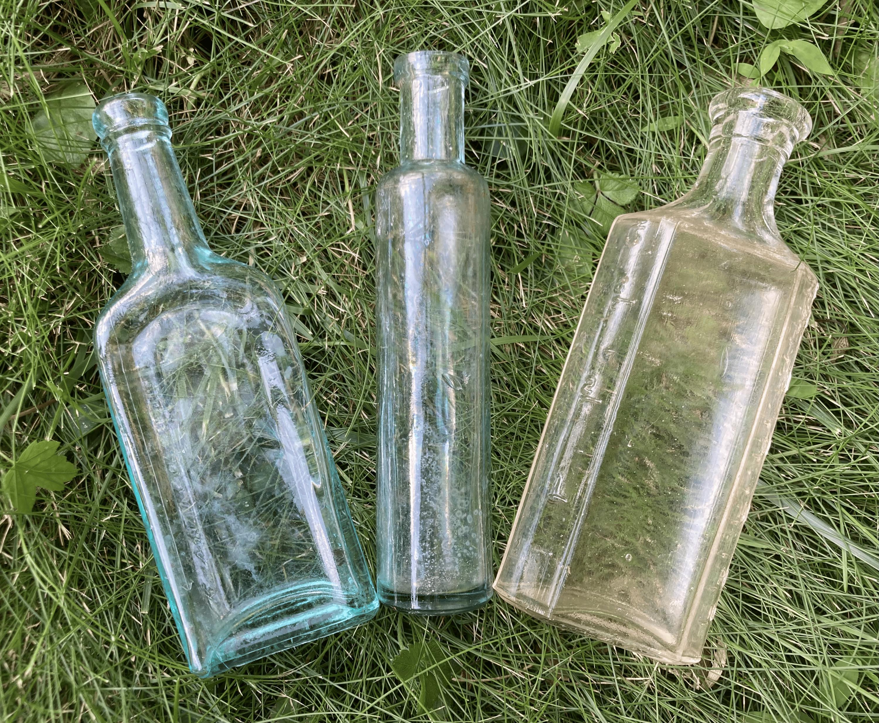 Vintage Glass Medicine Bottle Lot (Aqua Castoria, Aqua Vial, Clear Graduated Pharmacy)