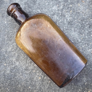 Vintage Strap-Side Whiskey Flask Amber Brown Glass Liquor Bottle