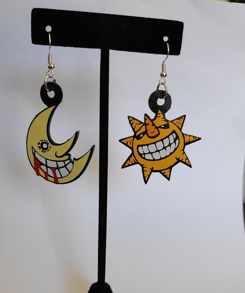 Soul Eater Earrings Sun and Moon - Drop/Dangle - Faux Leather - 1.5' W, 1.5'L, 2.5' Drop -925  Silver or Brass 