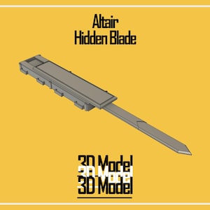 Puede incluir: Un modelo 3D de un arma de hoja oculta, con un acabado de metal gris. La hoja está extendida y el mango está cerrado. El texto "Altair Hidden Blade" es visible sobre el arma.