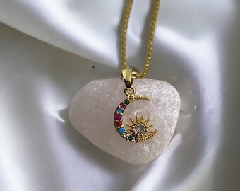 Gold Dipped Sun Moon Necklace: Celestial Stainless Steel Crescent Moon