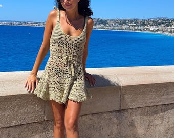 Handmade Metallic Crochet Mini Dress: Bohemian Beach Cover-Up w/ Tote