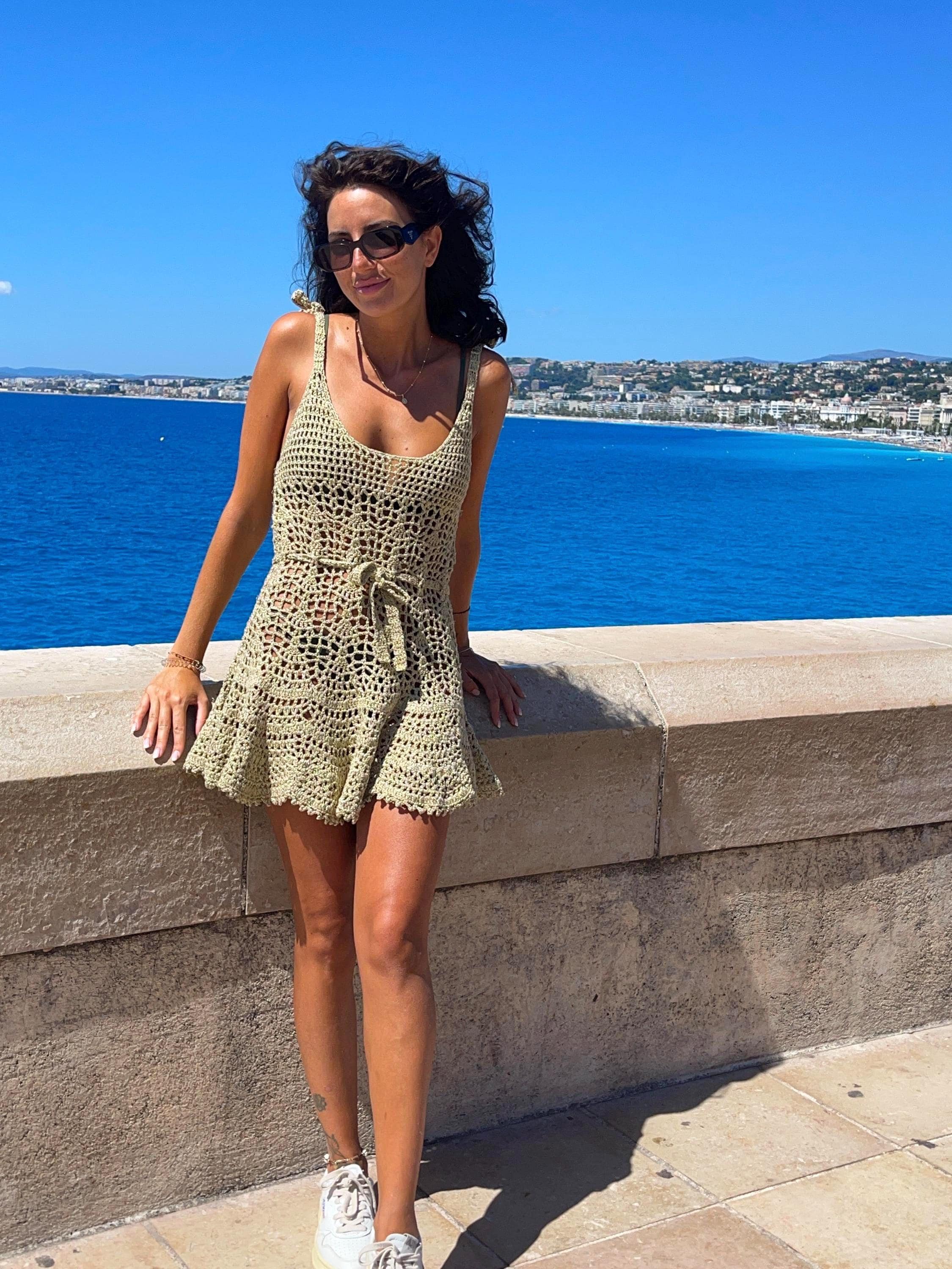 crochet knit beach mini dress in toffee CROCHET BEACH MINI DRESS- TAN Berry Beachy Swimwear