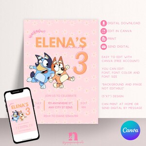 Puede incluir: Invitación de cumpleaños rosa con una imagen de dibujos animados de dos perros. La invitación dice "Elena's turning 3" e incluye detalles para la fiesta, incluyendo la fecha, la hora y la ubicación. La invitación también incluye el texto "RSVP to Diane 123456789".