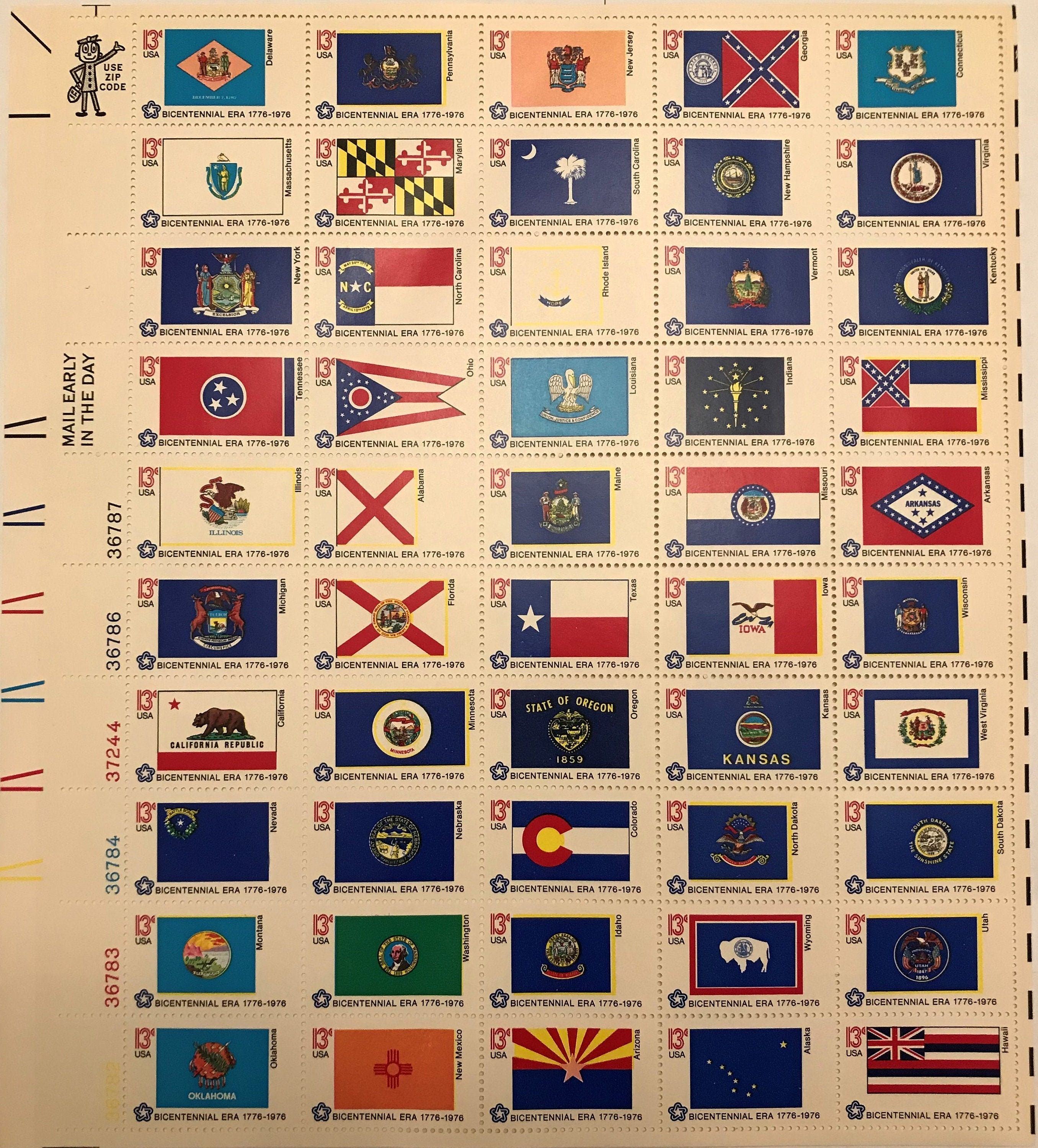 1976 Bicentennial Era State Flags, US Postage Stamps Full Sheets of 50