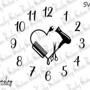 May include: Black and white clock design featuring a heart shape with a hair dryer, comb, and scissors inside. The numbers 1 through 12 are arranged around the heart shape.