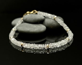 Rare White Sapphire Faceted Rondelle14K Solid Gold Beaded Bracelet, September Birthstone, Crystal, Gemstone, Minimalist Bracelet,
