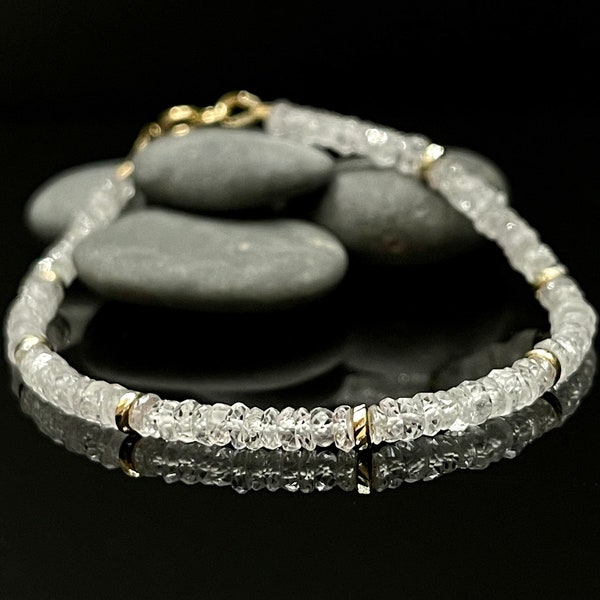 Rare White Sapphire Faceted Rondelle14K Solid Gold Beaded Bracelet, September Birthstone, Crystal, Gemstone, Minimalist Bracelet,