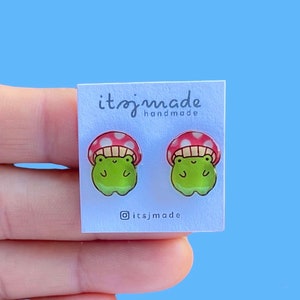 Frog Mushroom Toadstool Animal Mini Earrings Jewellery Accessories Handdrawn Hanpainted Gift