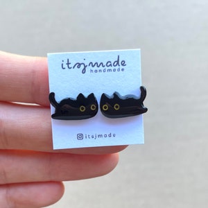 Lazy Black Cat Kitty Animal Mini Earrings Jewellery