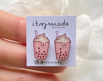 strawberry bubble tea stud earrings. wearable art. hand-painted. drink jewellery. stainless steel. gift for everyone