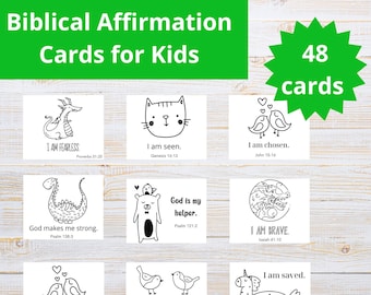 Biblische Affirmationen für Kinder | Bibel Affirmationskarten zum Ausmalen | Positive Affirmationskarten für christliche Kinder | Bibel-Erklärungskarten