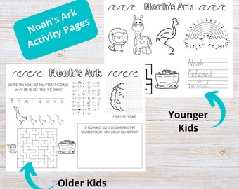 Página de actividades del Arca de Noé para niños / Mantel individual imprimible con historia bíblica / Página para colorear para niños / Arca de Noé imprimible / Actividad para la escuela dominical