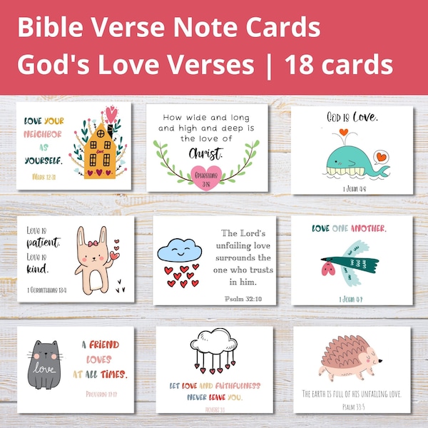 God's Love Bible Verse Note Cards | Printable Scripture Valentines | Cute Christian Valentines | Religious Valentine Cards | Lunchbox Notes