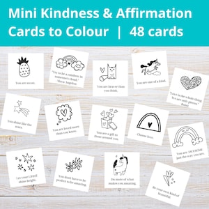Mini vriendelijkheidskaarten om in te kleuren | Bevestigingskaarten | Afdrukbare vriendelijkheidskaarten | Kleurkaarten voor kinderen | Positiviteitskaarten