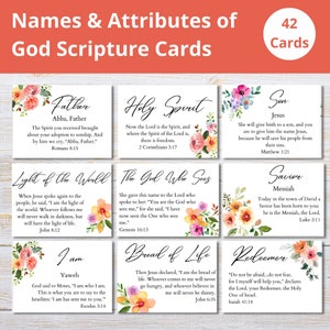 Nomes e Atributos dos Cartões das Escrituras de Deus | Cartões de nota com versos da Bíblia para imprimir | Cartões de nota cristãos florais | Cartões Instantâneos de Versículos Bíblicos