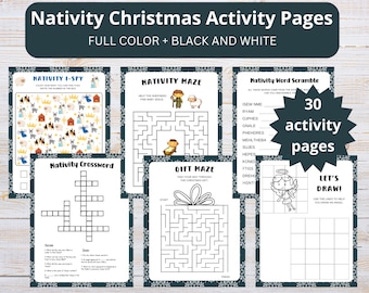May include: A set of 30 Nativity-themed activity pages, featuring mazes, word scrambles, and a crossword. The pages are in full colour and black and white, with illustrations of the Nativity. The text on the top says "Nativity Christmas Activity Pages".
