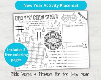 Tovaglietta per attività di Capodanno 2026 / Colorare la vigilia di Capodanno cristiana / Giochi stampabili di Capodanno per bambini / Preghiere per il Capodanno