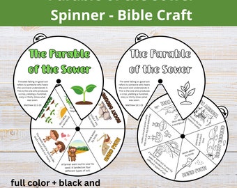 May include: Black and white printable coloring pages for a Bible craft activity. The pages feature a spinner with the parable of the sower, with different types of soil and the results of the seed landing on each type of soil. The text includes "The Parable of the Sower" and "Matthew 13:1-23".