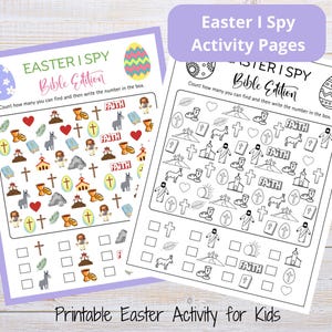 May include: Two printable Easter I Spy activity pages for kids. The pages feature a Bible theme with images of crosses, lambs, chalices, and the word "FAITH".