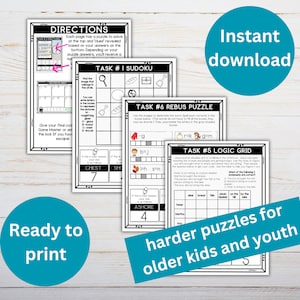 May include: A set of printable puzzles for older children and youth. The puzzles include a Sudoku, a rebus puzzle, and a logic grid. The puzzles are designed to be challenging and engaging, and they are perfect for helping kids develop their critical thinking skills. The text on the page reads "Ready to print" and "harder puzzles for older kids and youth".