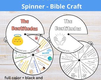Manualidades bíblicas de las Bienaventuranzas / Página para colorear de las Bienaventuranzas / Rueda de la historia del Sermón del Monte / Bienaventuranzas de Jesús imprimible para niños