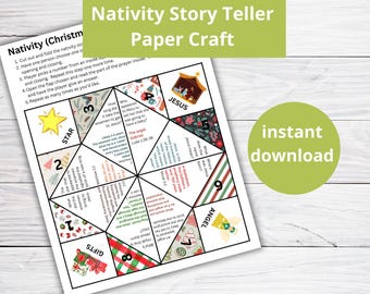 Peut inclure: Un modèle de jeu de papier artisanal de Noël sur le thème de la Nativité. Le jeu est composé de neuf sections pliées. Chaque section présente une image et un texte différents liés à l'histoire de la Nativité. Les images comprennent une étoile, des cadeaux, une crèche, un ange et Jésus. Le texte comprend les noms des mages, de l'ange Gabriel et le lieu de naissance de Jésus.