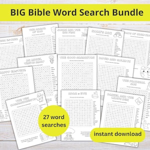 May include: A collection of printable Bible word search puzzles. The image features multiple pages with titles like "Noah's Ark" and "The Ten Commandments." A yellow circle states "27 word searches" and another yellow rectangle says "instant download."