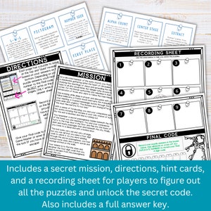 May include: A printable escape room game for kids with a secret mission, directions, hint cards, and a recording sheet. The game includes a final code to unlock the secret code.