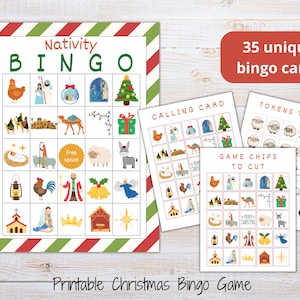 Druckbare Krippe Bingo | Weihnachts-Bingo für Kinder | 35 Einzigartige Bingo Karten | Weihnachtsaktivität für Kinder | Weihnachten Printable | Sonntagsschule