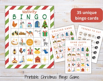 Bingo de Natividad imprimible / Bingo de Navidad para niños / 35 tarjetas de bingo únicas / Actividad navideña para niños / Navidad imprimible / Escuela dominical