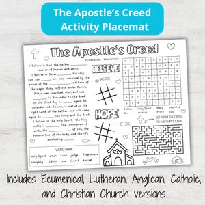 May include: Black and white activity placemat featuring "The Apostle's Creed" with fill-in-the-blanks, word search, tic-tac-toe, and maze games. Includes Ecumenical, Lutheran, Anglican, Catholic, and Christian Church versions.