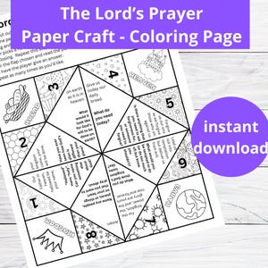 Puede incluir: Una página de manualidades para colorear imprimible en blanco y negro con un adivino plegable con la oración del Señor escrita en cada solapa. Las palabras "The Lord's Prayer" y "Paper Craft - Coloring Page" están en la parte superior de la página. Las palabras "descarga instantánea" están en un círculo morado en la esquina inferior derecha de la página.