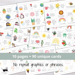 May include: Ten pages of printable affirmation cards with colorful illustrations and positive messages. Each page features a 4x4 grid of cards with unique designs and phrases.