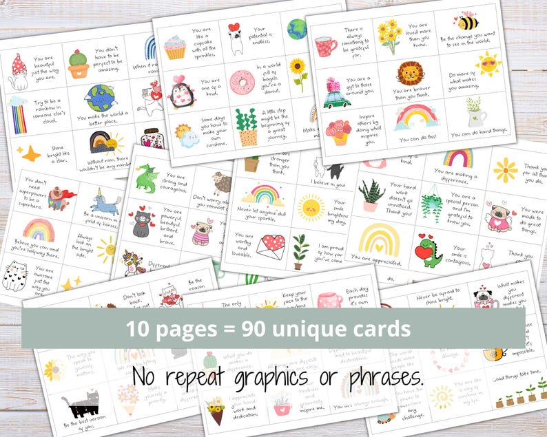 May include: Ten pages of printable affirmation cards with colorful illustrations and positive messages. Each page features a 4x4 grid of cards with unique designs and phrases.