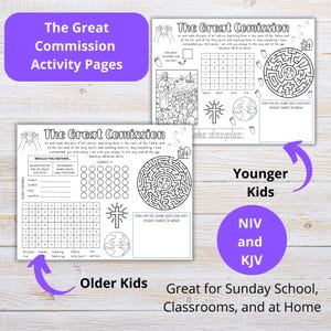 May include: Two activity pages with the text "The Great Commission Activity Pages". The pages feature mazes, word scrambles, and connect four games. Text includes "Younger Kids", "Older Kids", and "NIV and KJV".