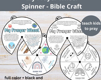 May include: A printable prayer wheel craft for kids. The wheel has a colorful design with a rainbow, a sloth, a sheep, and a cloud. The text on the wheel includes "My Prayer Wheel", "Dear God", "Thank You", "Please Forgive Me", "Where did I see God this week?", "This week I said...", "Amen", and "Pray for a country or a community in need".