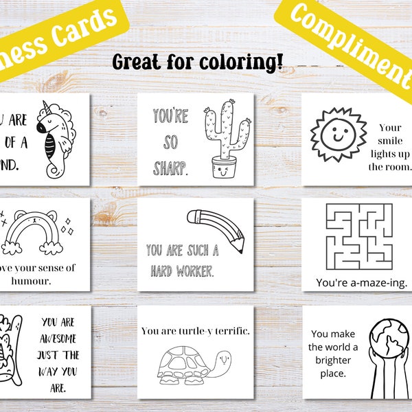 Compliment Cards | Kindness Cards to Color | Printable Positivity Cards | Kindness Cards for Kids | Coloring Cards | Friendship Cards