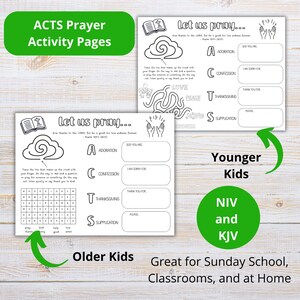 May include: ACTS Prayer Activity Pages for kids. The pages feature the text "Let us pray..." with prompts for Adoration, Confession, Thanksgiving, and Supplication. Includes word puzzles and fill-in-the-blank sections. Great for Sunday School.