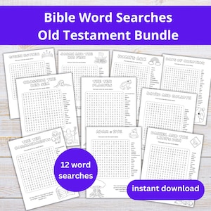 Puede incluir: Un paquete de 12 rompecabezas de búsqueda de palabras bíblicas, con títulos como "Queen Esther", "Jonás y el gran pez" y "Arca de Noé". El texto "Bible Word Searches Old Testament Bundle" está en la parte superior, con "instant download" en la parte inferior.