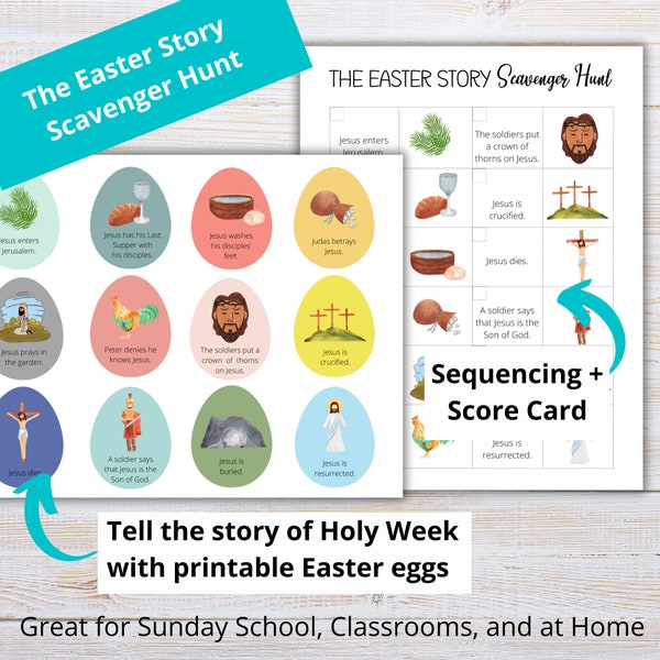 La chasse au trésor de l'histoire de Pâques | Chasse aux œufs de Pâques chrétienne pour les enfants | Chasse au trésor de la Semaine sainte | ufs de résurrection imprimables | Jeu de Pâques