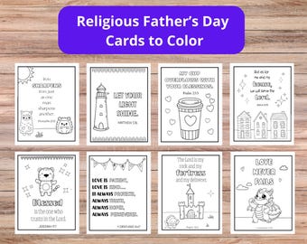 May include: A collection of Religious Father's Day Cards to Color, featuring various designs with inspirational quotes and illustrations. The cards include images of a lighthouse, a castle, and a dragon, with text such as "Love Never Fails."