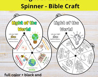May include: Two circular Bible craft spinners with the text "Light of the World" and illustrations. One spinner is colored, the other is black and white. The text "Let your light shine before others" is included.